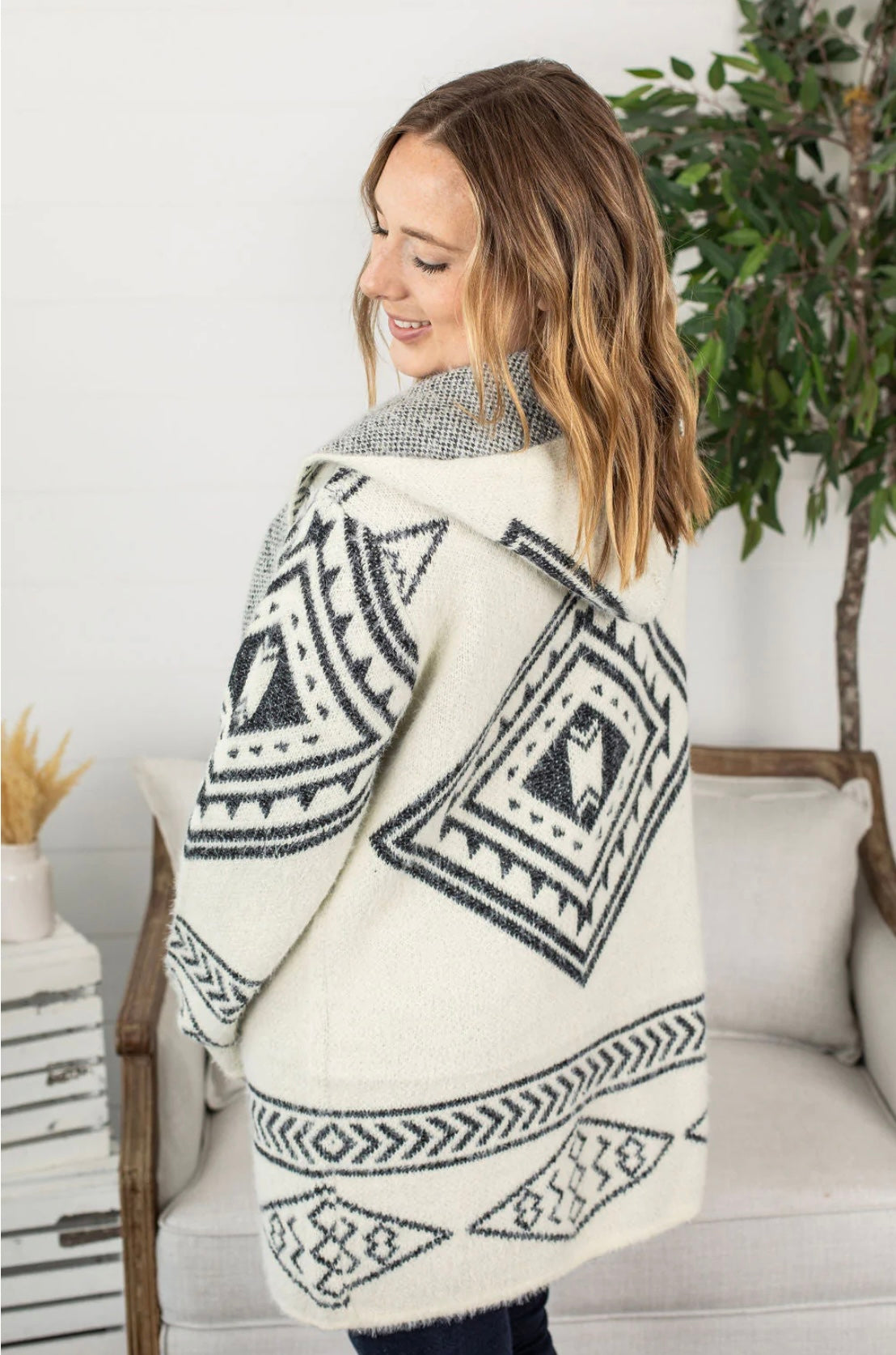 Hooded Aztec Cardigan in Black/Cream